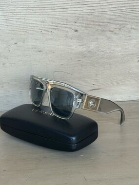 Versace Crystal Grey Transparent Sunglasses with Gold Medusa Accents